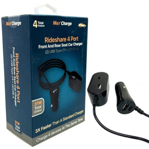 Rideshare Dual USB Type C Dual Type A Front and Backseat Car Plug