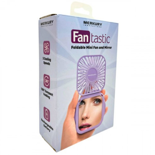 Merkury FanTastic Rechargable Mini Foldable Fan with Mirror in Purple