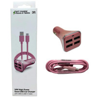 4 Port 6.8 Amp Rose Gold USB Car Charger with 3 Foot USB Type C Cable
