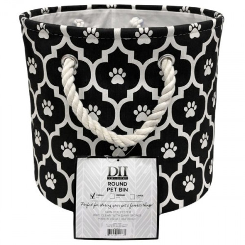 Bone Dry Polyester Round Pet Bin Size Small in Black with Lattice Paw Design
