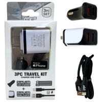 3 Pc Charge Kit 2.4A with 3 Foot MFI iPhone Lightning Cable with Home & Car Charger in White