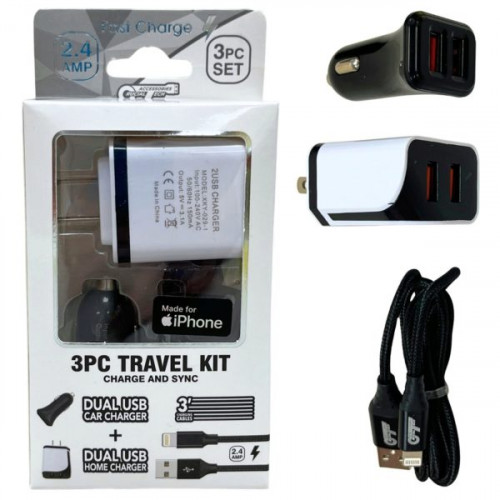 3 Pc Charge Kit 2.4A with 3 Foot MFI iPhone Lightning Cable with Home & Car Charger in White 3 Pc Charge Kit 2.4A with 3 Foot MFI iPhone Lightning Cable with Home & Car Charger in White