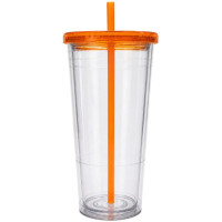 24 Oz Drinkware Tumbler with Lid & Straw in Clear and Orange