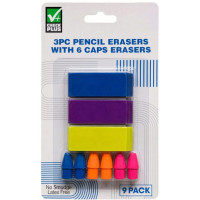 CHECK PLUS 9 Pack Multi Color 3PC Pencil Erasers with 6 Caps Erasers
