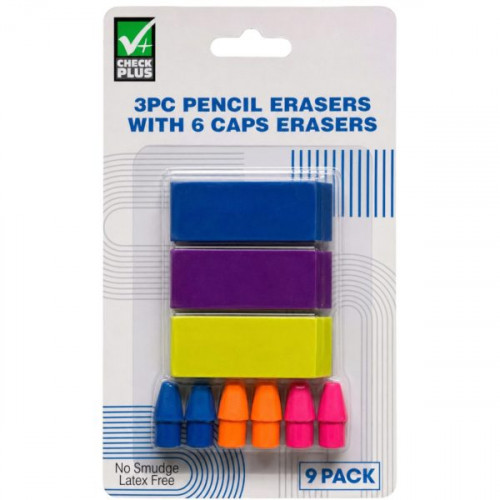 CHECK PLUS 9 Pack Multi Color 3PC Pencil Erasers with 6 Caps Erasers CHECK PLUS 9 Pack Multi Color 3PC Pencil Erasers with 6 Caps Erasers