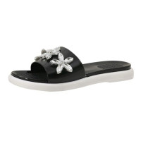 Women's Rhinestone Flower Comfort Insole Slide Sandals in Black Size 6-10