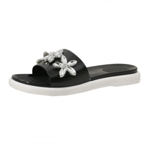 Women's Rhinestone Flower Comfort Insole Slide Sandals in Black Size 6-10