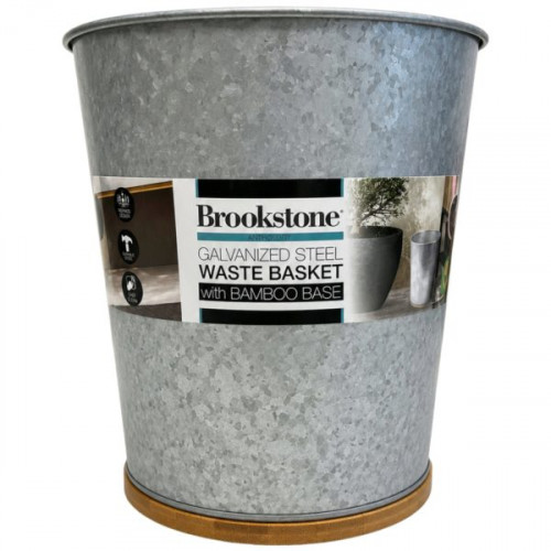 Brookstone 8 Liter Galvanized Steel Waste Basket with Bamboo Base Brookstone 8 Liter Galvanized Steel Waste Basket with Bamboo Base