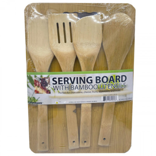 5 Piece Serving Board with Bamboo Utensils Set 5 Piece Serving Board with Bamboo Utensils Set