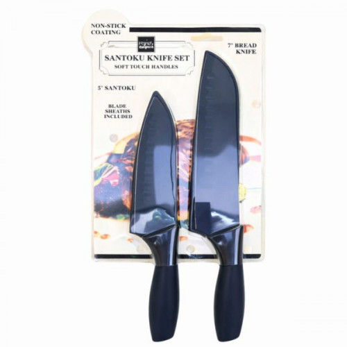Non-Stick Santoku and Bread Kitchen Knife with Blade Guard Sheaths Set Non-Stick Santoku and Bread Kitchen Knife with Blade Guard Sheaths Set