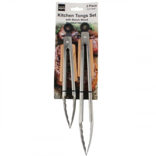 2 Piece Kitchen Tongs Set with Beech Wood Studded Handles 2 Piece Kitchen Tongs Set with Beech Wood Studded Handles