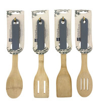4 Assorted Bamboo Utensil with Rubber Handles, Slotted Spoon, Spatulas & Serving Spoon
