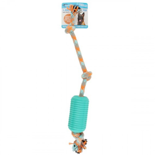 3-Knot Durable Rope Tug Dog Toy with Tough Rubber and Built In Squeaker