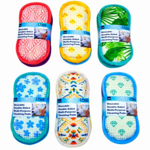 2 Pack Reusable Double-Sided Multi-Purpose Cleaning Pads in Assorted Colors and Designs