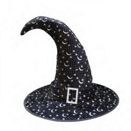 Angled Witch Hat Silver Moon and Stars with Belt Buckle Angled Witch Hat Silver Moon and Stars with Belt Buckle