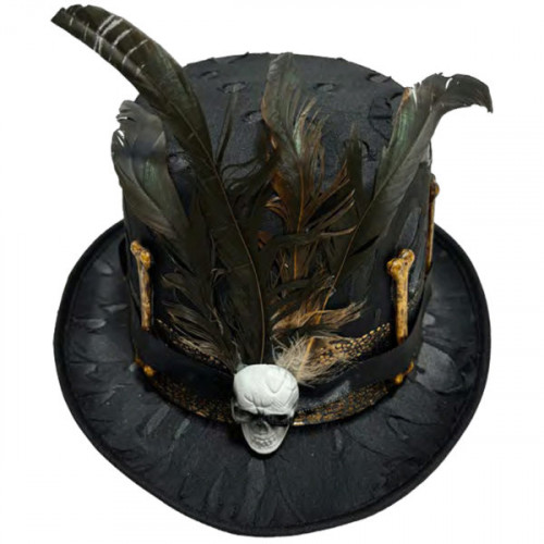 Black Voodoo Top Hat with Skull, Bones and Feathers Black Voodoo Top Hat with Skull, Bones and Feathers