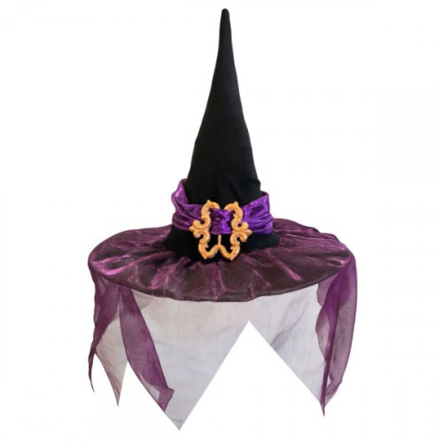 Black Witch Hat with Purple Strap Buckle and Shimmer Veil Black Witch Hat with Purple Strap Buckle and Shimmer Veil
