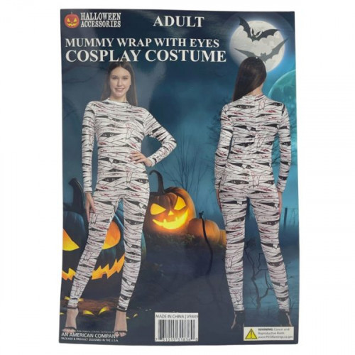 Women's Full Body Mummy Wrap Jumpsuit Costume with Spooky Eyes Detail Print