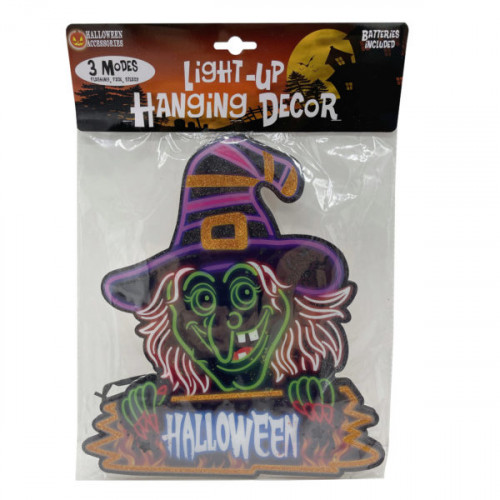 Green Witch with Halloween Sign Core Board Light-Up Hanging Decor Green Witch with Halloween Sign Core Board Light-Up Hanging Decor