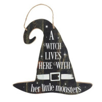 A Witch Lives Here with Her Little Monsters Hanging Witch Hat Sign