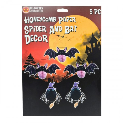 5 Piece Wall Stick On Halloween Honeycomb Paper Bat and Spider Decorations Set 5 Piece Wall Stick On Halloween Honeycomb Paper Bat and Spider Decorations Set