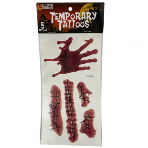 5 Piece Bloody Stitches and Handprint Temporary Tattoos 5 Piece Bloody Stitches and Handprint Temporary Tattoos