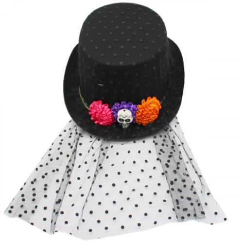 Flower and Skull Voodoo Priestess Top Hat with Lace Covering Flower and Skull Voodoo Priestess Top Hat with Lace Covering