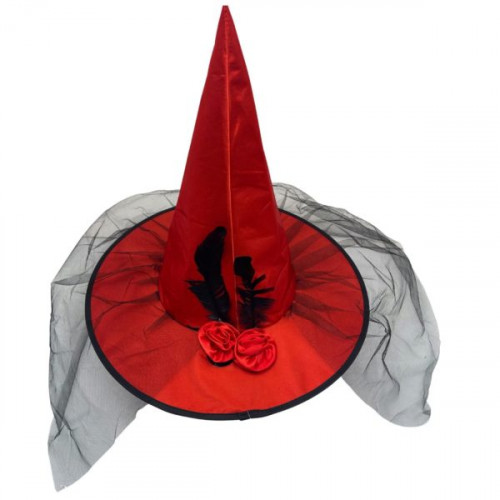 Red Witch Hat with Black Lace and Ribbon Flowers with Feathers Red Witch Hat with Black Lace and Ribbon Flowers with Feathers