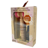 Motag Wellness Wood and Pink Facial Massage Roller with Hydrating Rose Oil