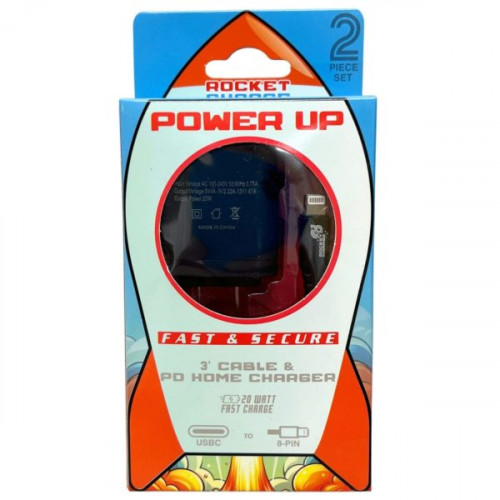 Rocket Charge 3 Foot USB C to iPhone 8-Pin Cable with USB Wall Charger Rocket Charge 3 Foot USB C to iPhone 8-Pin Cable with USB Wall Charger
