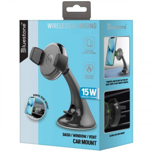 Bluestone 15W Wireless Charging Car Mount with Suction & Vent Clip Bluestone 15W Wireless Charging Car Mount with Suction & Vent Clip