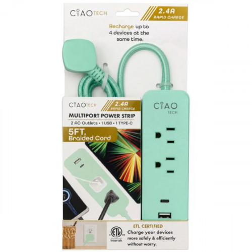 Ciao Tech 5 ft. Surge Protector Extension Cord with 2 Outlets, USB & USB-C Ports in Green Ciao Tech 5 ft. Surge Protector Extension Cord with 2 Outlets, USB & USB-C Ports in Green