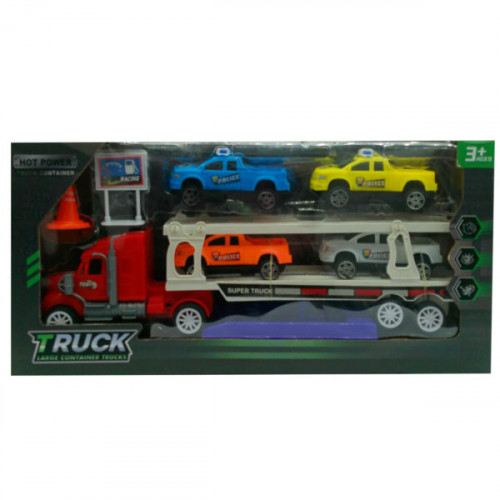 Transport Car Carrier Truck with Four Police Cars and Launch Ramp Transport Car Carrier Truck with Four Police Cars and Launch Ramp