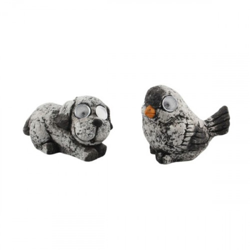 Solar Powered Cement Enchanting Dog and Bird with LED Eyes Outdoor Yard Decor