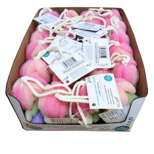 Rainbow Braided Mesh Bath Sponge for Body Washing with Countertop Display Rainbow Braided Mesh Bath Sponge for Body Washing with Countertop Display