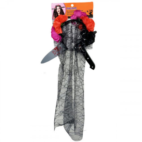 Flower and Skull Veil with Bloody Knife Headband Flower and Skull Veil with Bloody Knife Headband