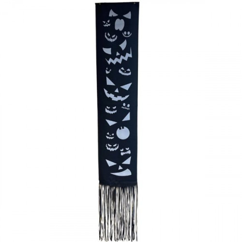 Black Front Door Decorative Hanging Welcome Banner Flag with Fringe and Spooky Jack O' Lantern Cutout Designs Black Front Door Decorative Hanging Welcome Banner Flag with Fringe and Spooky Jack O' Lantern Cutout Designs