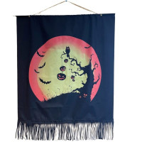 Spooky Full Moon Halloween Wall Art with Bat and Pumpkin Tree Silhouette Hanging Door Flag Banner Decor Sign
