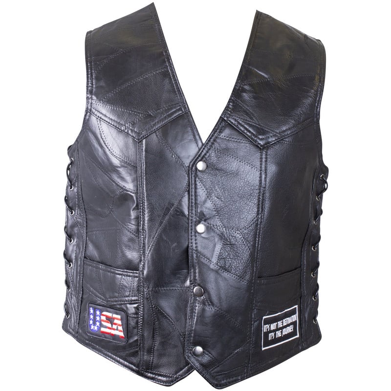 Buffalo Leather Vest with Side Laces and Biker Patches - Size Medium
