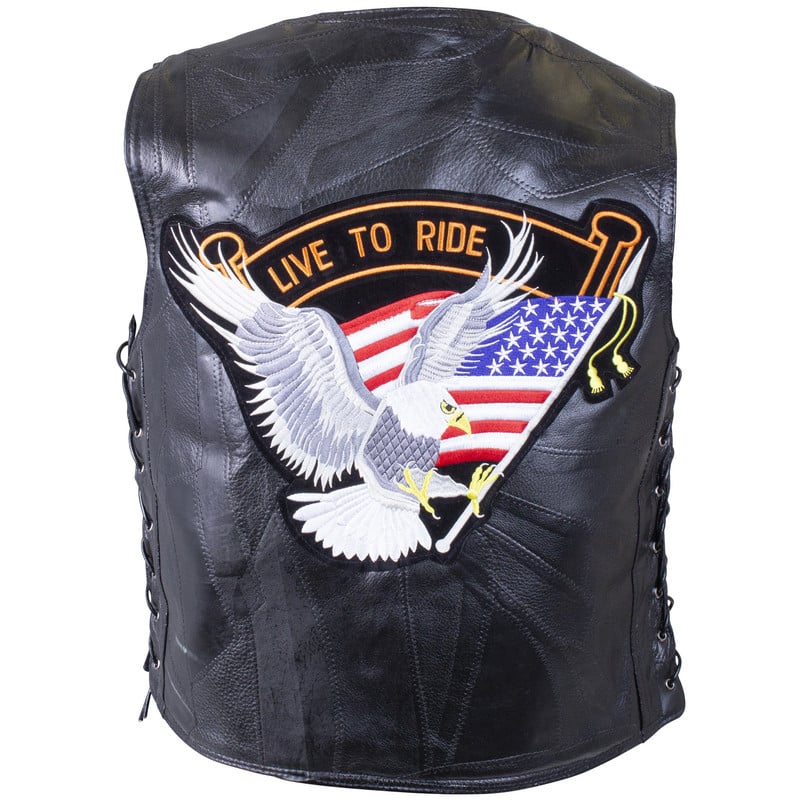 Diamond Plate Rock Design Genuine Buffalo Leather Vest with Eagle Patch - Size Large