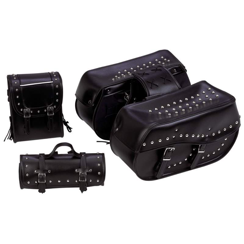 Diamond Plate 4pc Waterproof PVC Black Studded Motorcycle Luggage Set