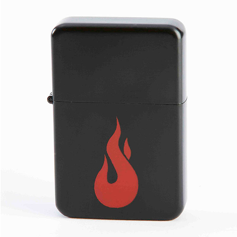 black zippo-style lighter with logo imprint